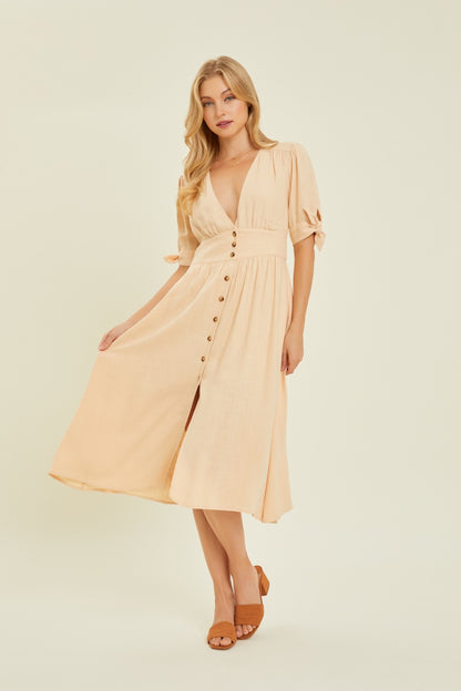 HEYSON Full Size Textured Linen V-Neck Button-Down Midi Dress