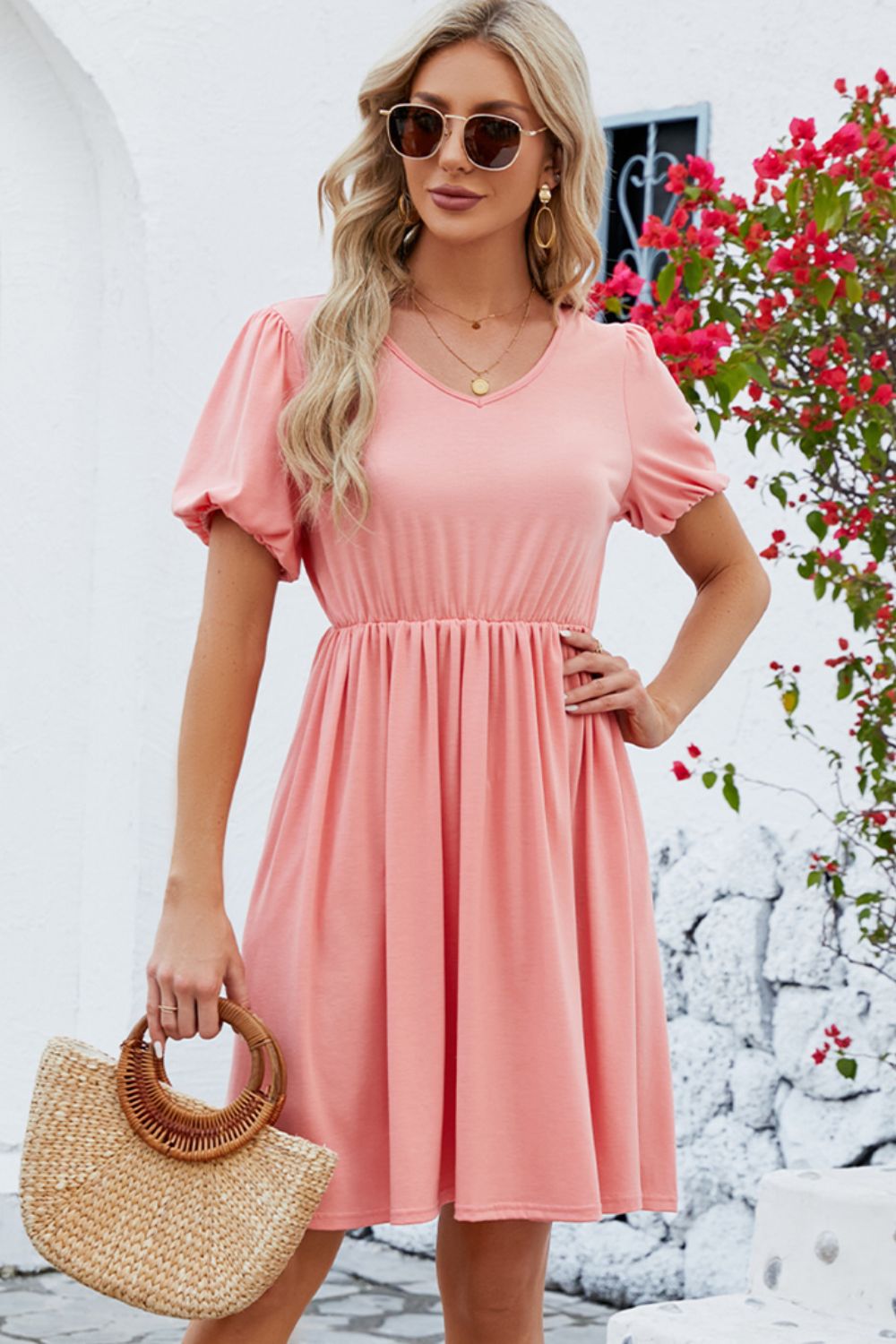 V-Neck Balloon Short Sleeve Dress