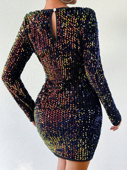 Sequin Round Neck Long Sleeve Mini Dress