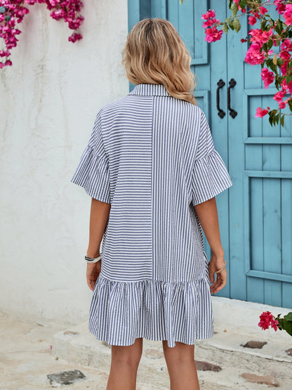 Striped Button Up Half Sleeve Dress