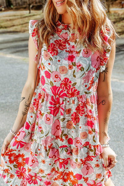 Ruffled Printed Mock Neck Dress