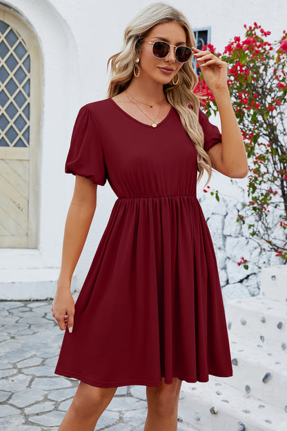 V-Neck Balloon Short Sleeve Dress