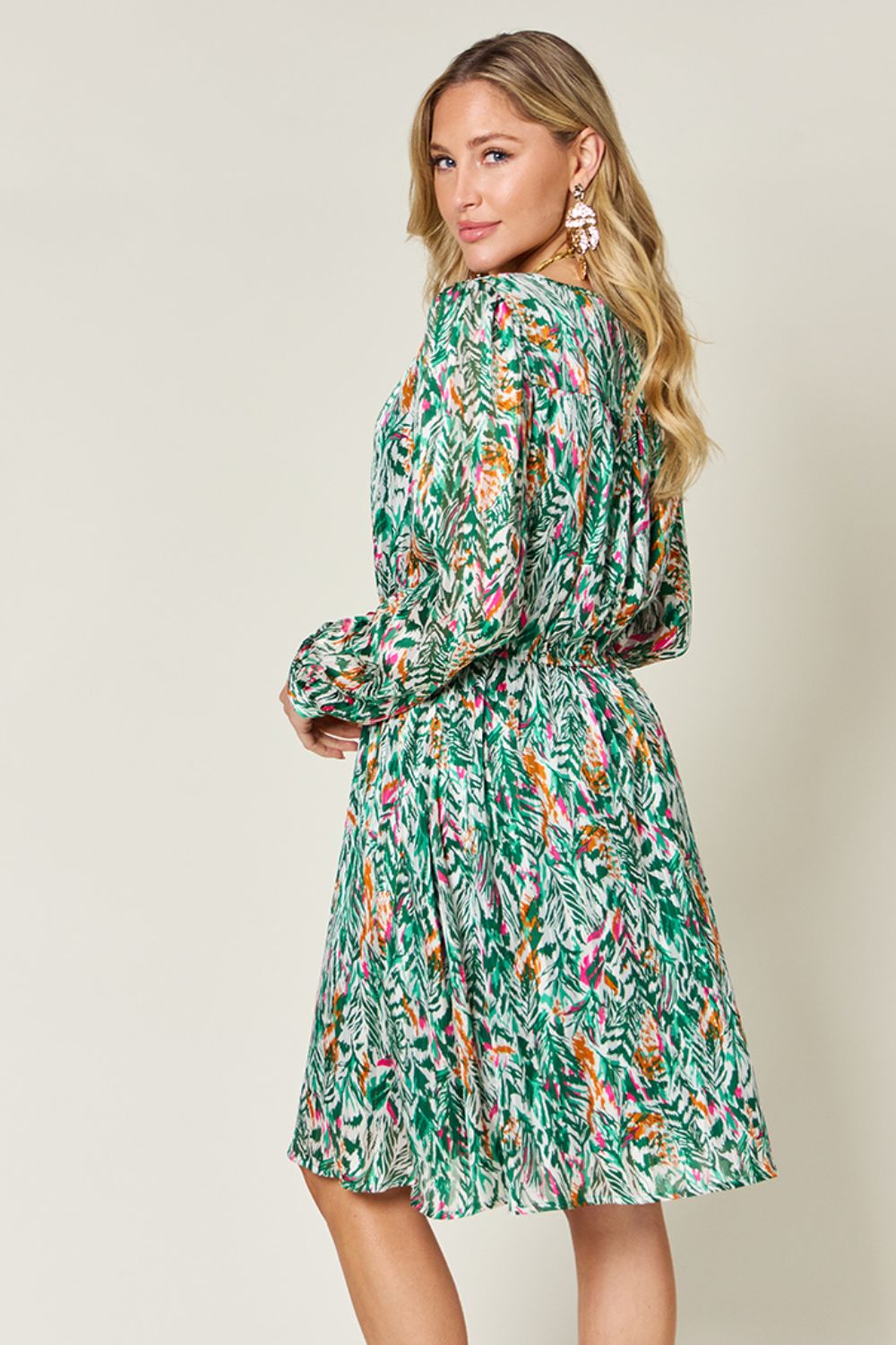 Double Take Full Size Printed Drawstring Waist Long Sleeve Dress