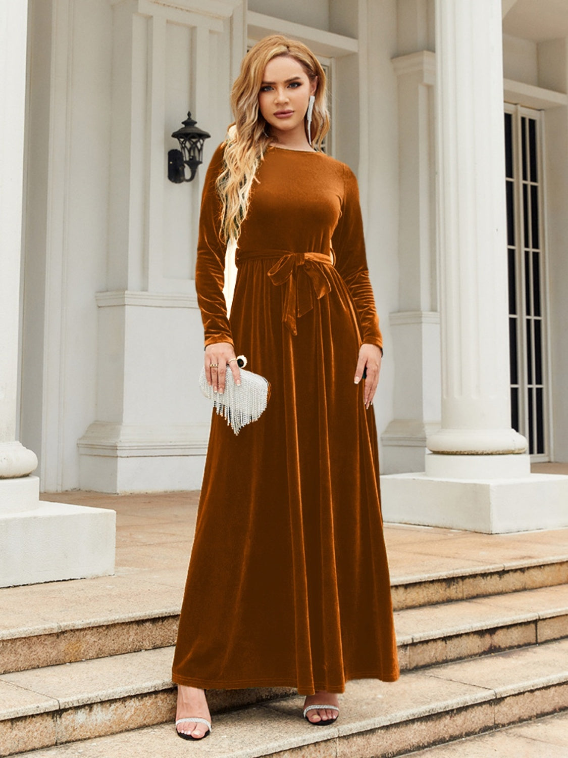 Tie Front Round Neck Long Sleeve Maxi Dress