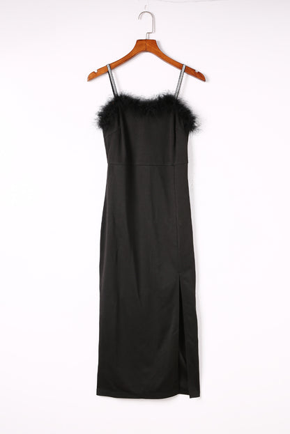 Slit Plush Trim Spaghetti Strap Dress