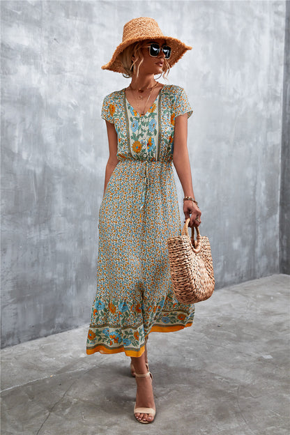 V-Neck Short Sleeve Printed Maxi Dress