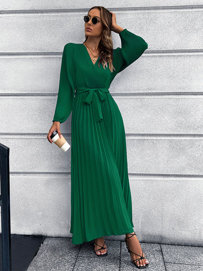 V-Neck Tie Waist Pleated Maxi Dress