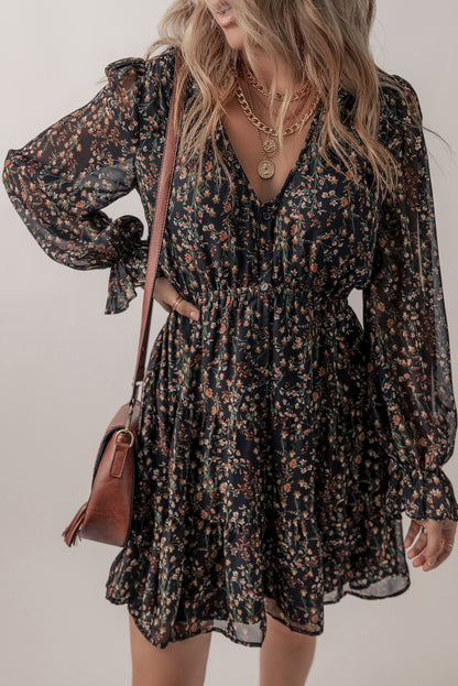 Printed Buttoned V-Neck Flounce Sleeve Dress