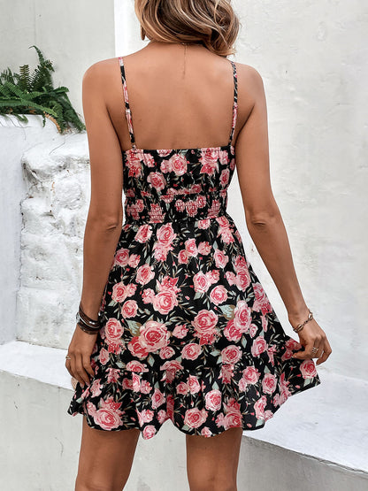 Tied Rose Print Spaghetti Strap Dress