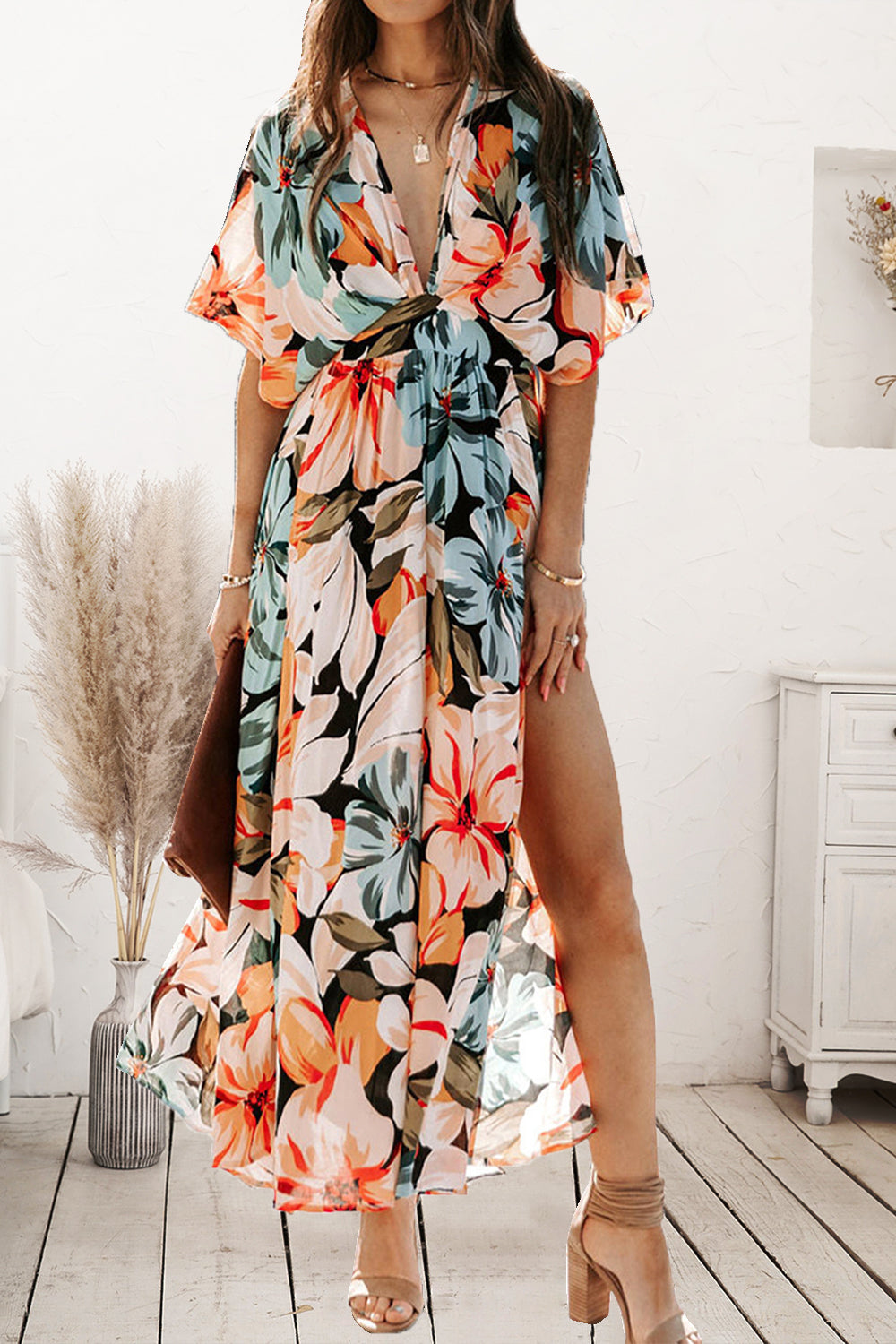 Plunge Split Printed Short Sleeve Dress