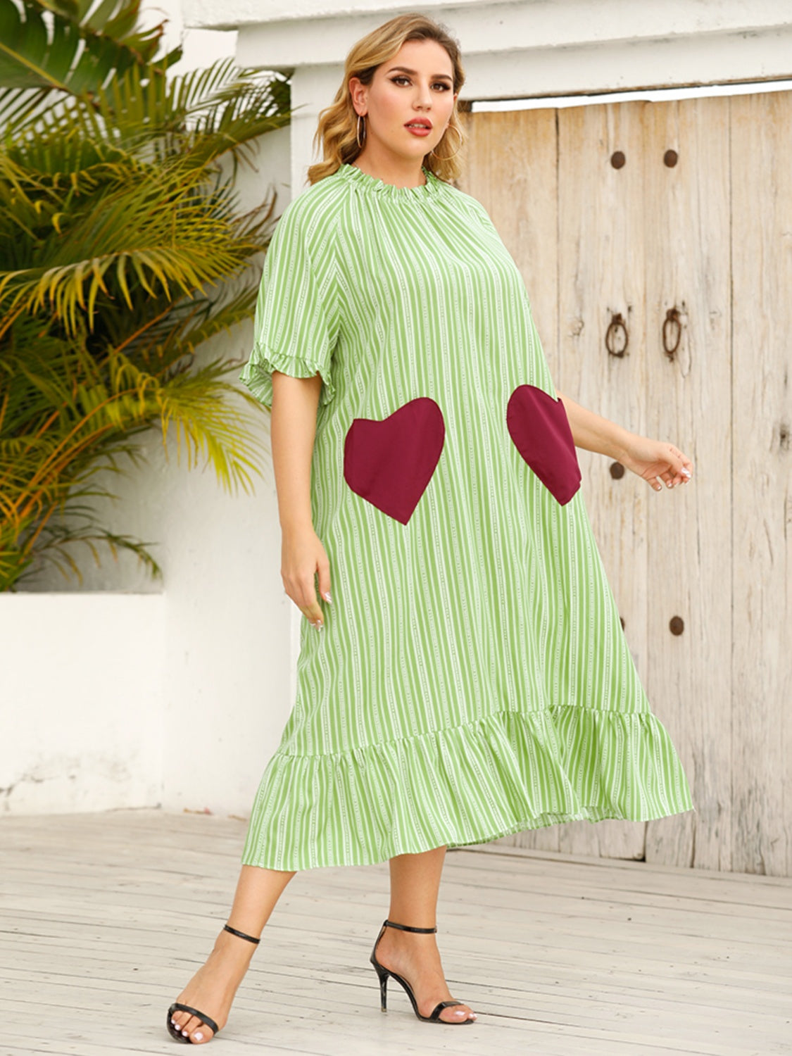 Plus Size Frill Heart Striped Half Sleeve Dress