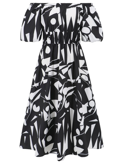 Printed Off-Shoulder Balloon Sleeve Dress