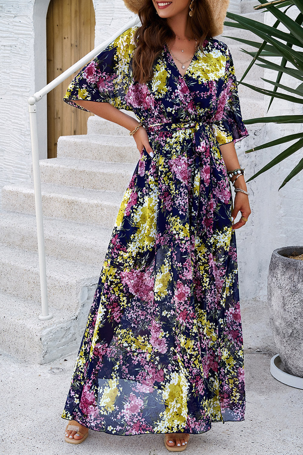 Printed Tied Half Sleeve Slit Dress