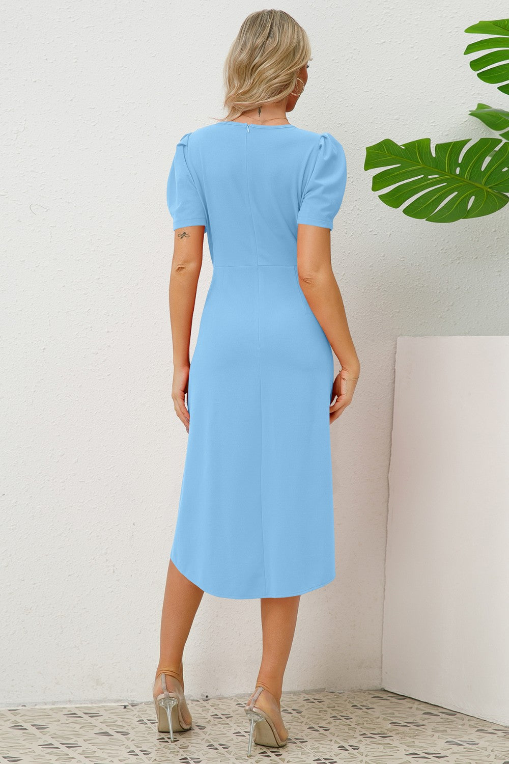 Slit Ruched Round Neck Puff Sleeve Dress