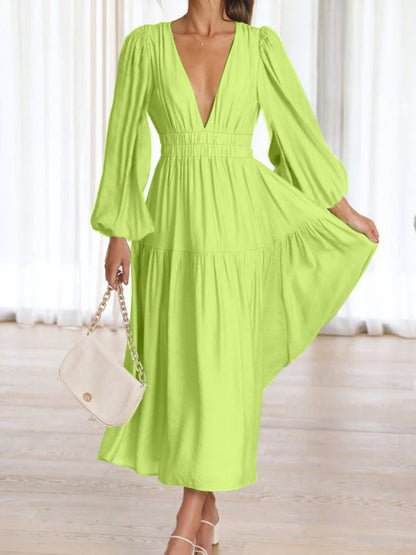 Deep V-Neck Balloon Sleeve Plain Maxi Dress