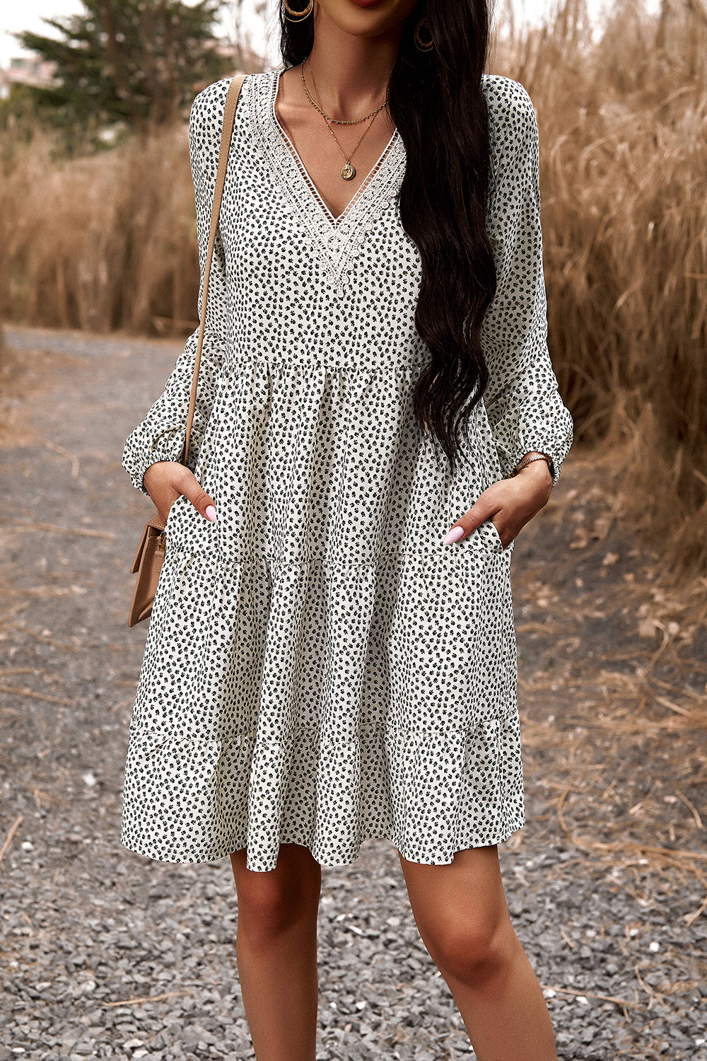 Lace Trim V-Neck Long Sleeve Dress